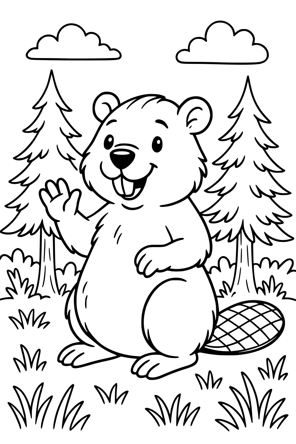 Smiling beaver waves among grass, two pine trees, and clouds in a simple cartoon woodland scene.