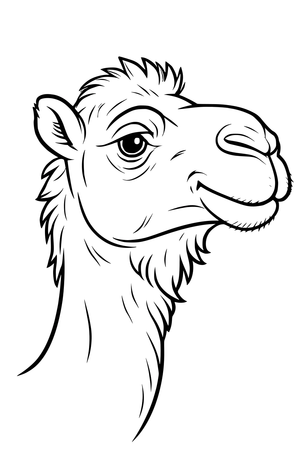 Line drawing of a camel's head and neck with a smiling mouth and detailed fur.