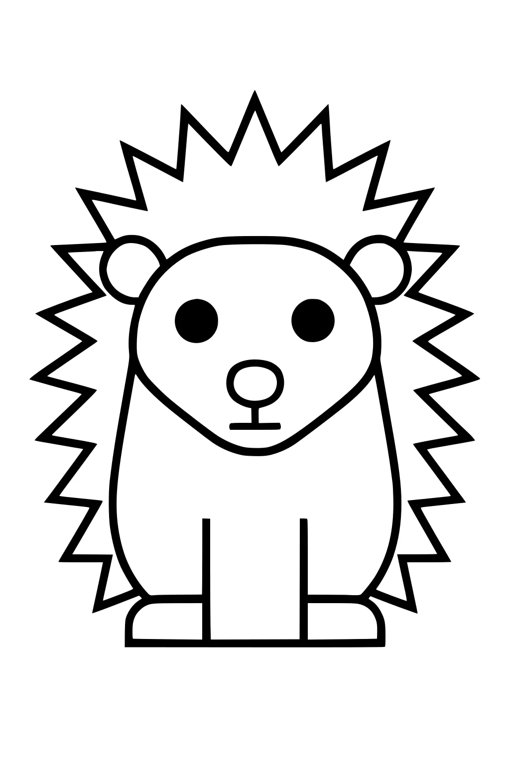 Simple cartoon hedgehog with spiky outline, big round eyes, two ears, and four short legs, sitting facing forward.
