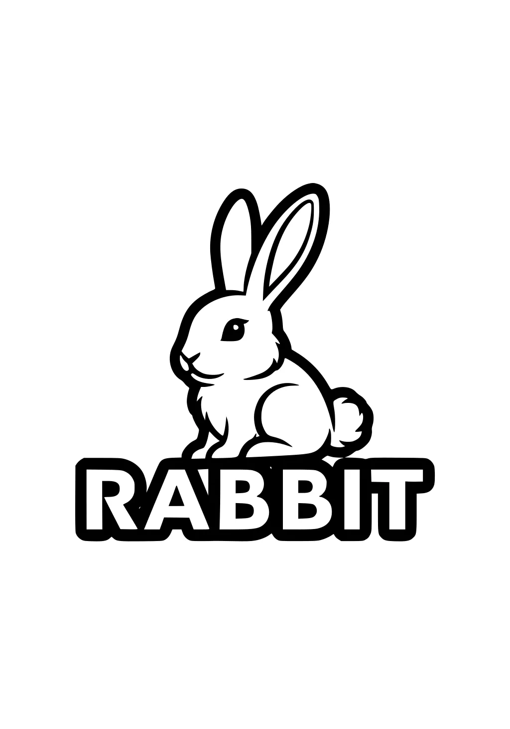 Outlined drawing of a sitting rabbit with big ears above the word RABBIT in large block letters.