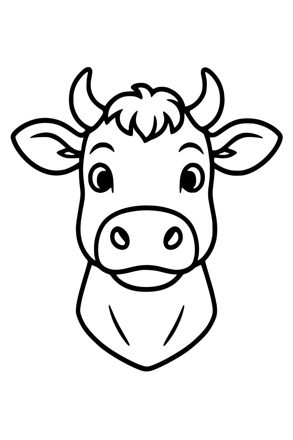 Cartoon cow face with large ears, short horns, round eyes, and a small tuft of hair on forehead.