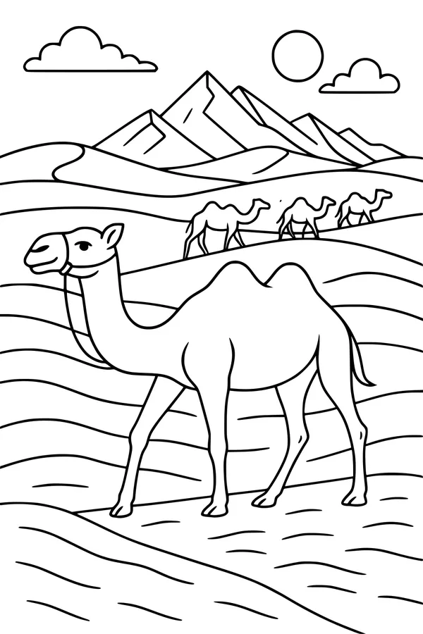 Free Camel Coloring Page - Desert Caravan Under Sunny Mountains (Printable PDF)