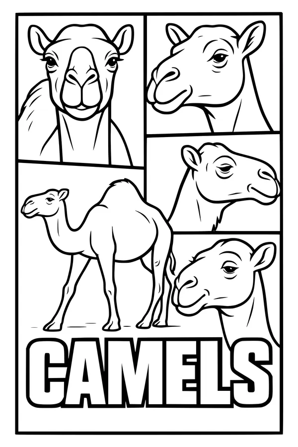 Free Camel Coloring Page - Five Funny Camel Faces (Printable PDF)
