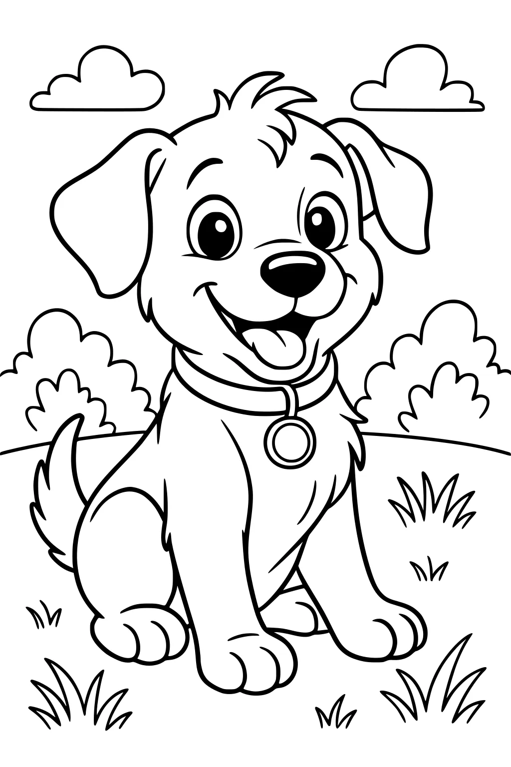 Cartoon puppy sitting on grass with collar, surrounded by bushes and clouds in the sky.