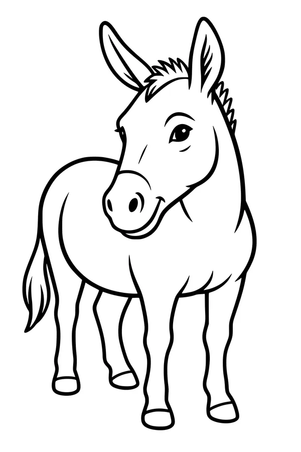 Free Donkey Coloring Page - Happy Donkey With Upright Ears (Printable PDF)