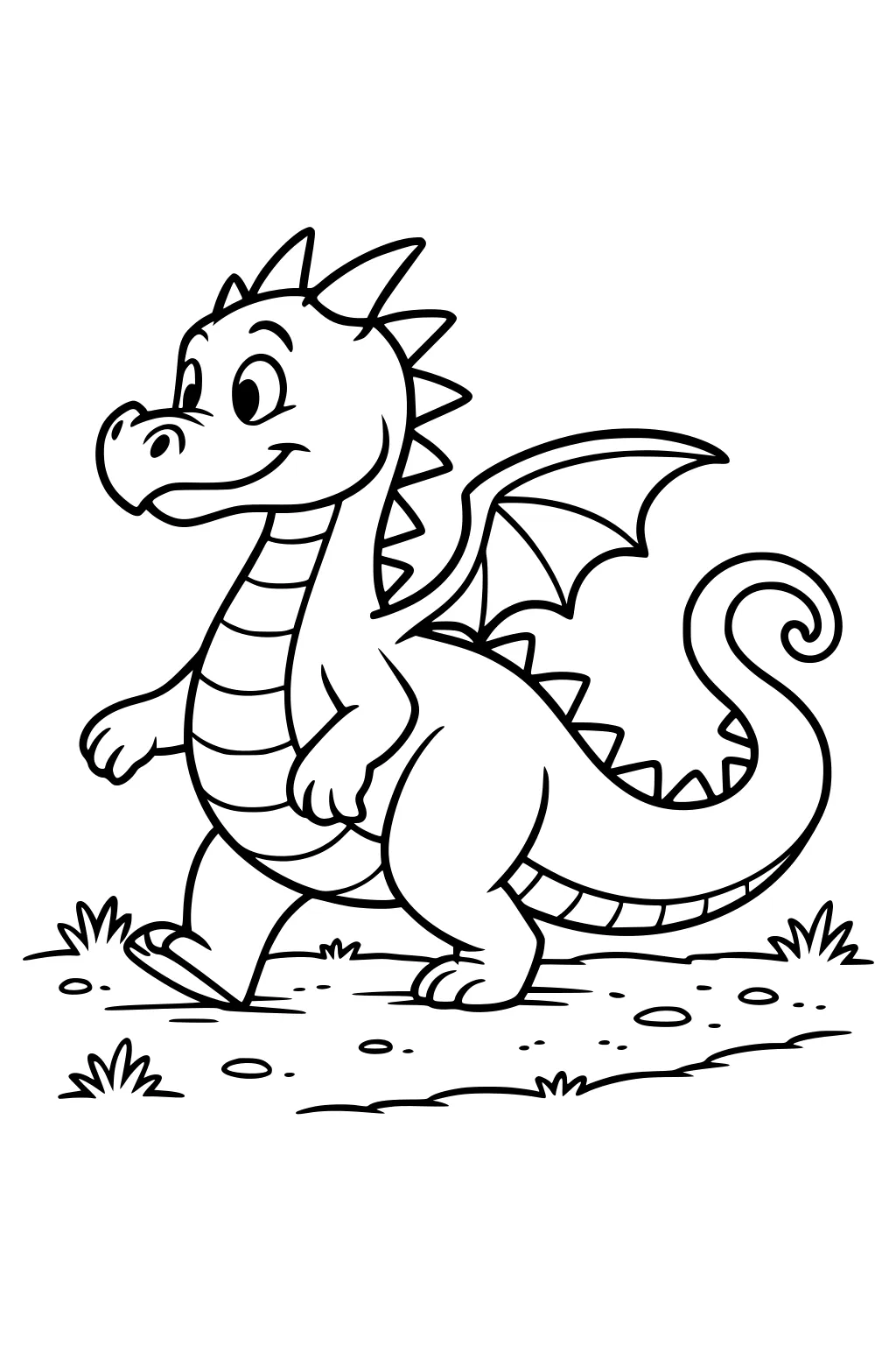 Smiling cartoon dragon with small wings, striped belly, and spiky tail walking on a pebbled path with grass tufts.