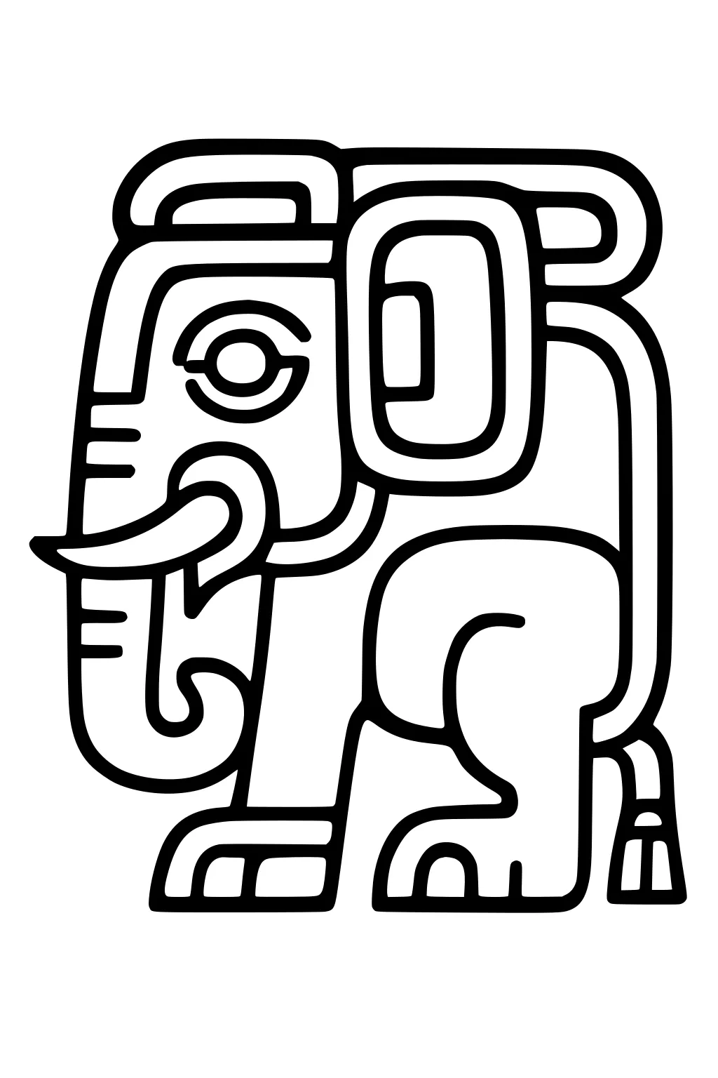 Cartoon elephant drawn in bold geometric style with thick black lines, curved trunk, round ear, and four legs.