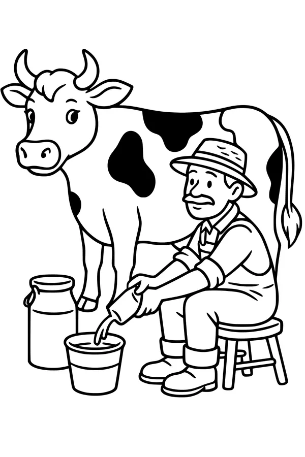 Free Cow Coloring Page - Farmer Milking on the Dairy Farm (Printable PDF)