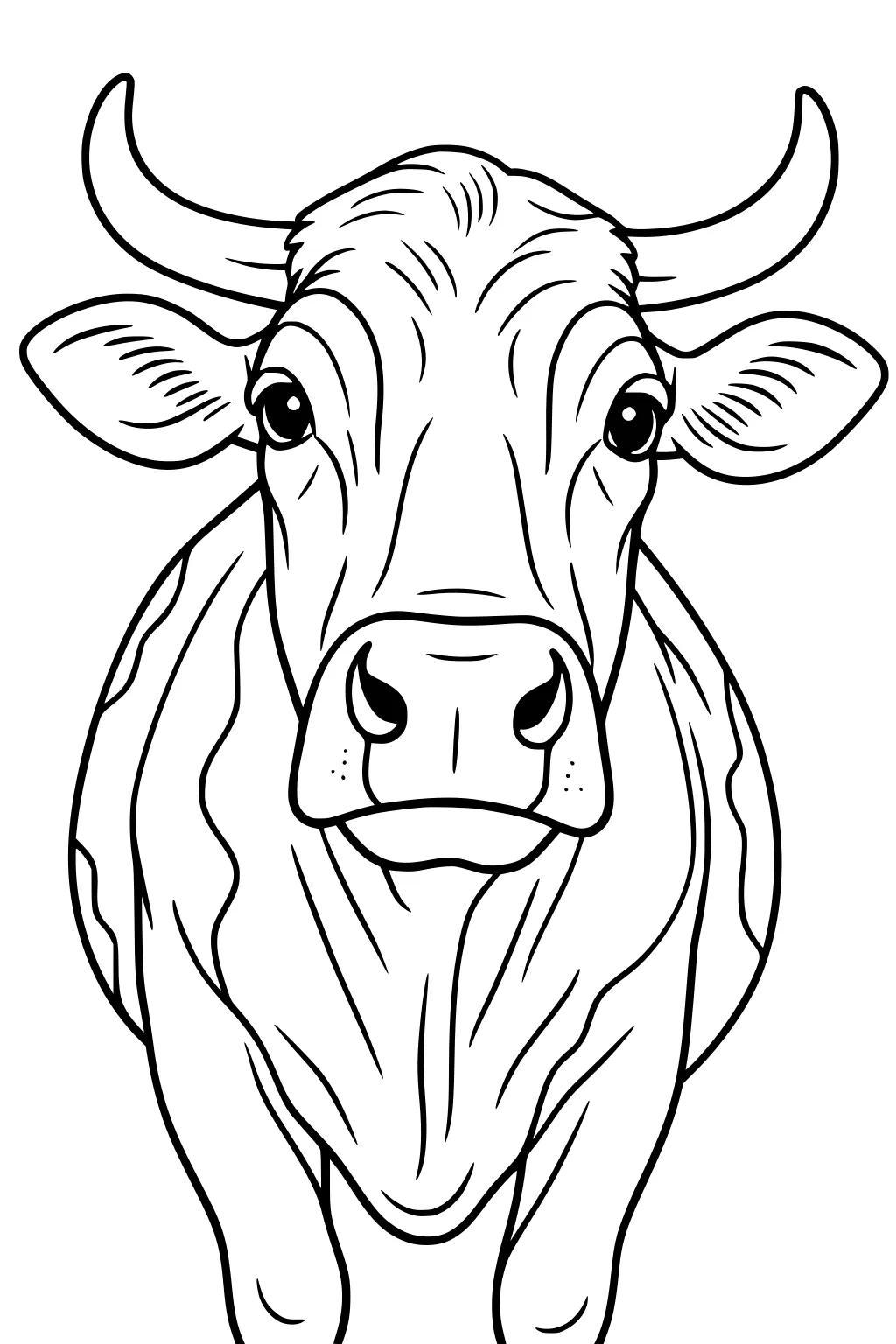 Front view of a cow with big eyes, curved horns, wide ears, and visible nose and jaw line details.