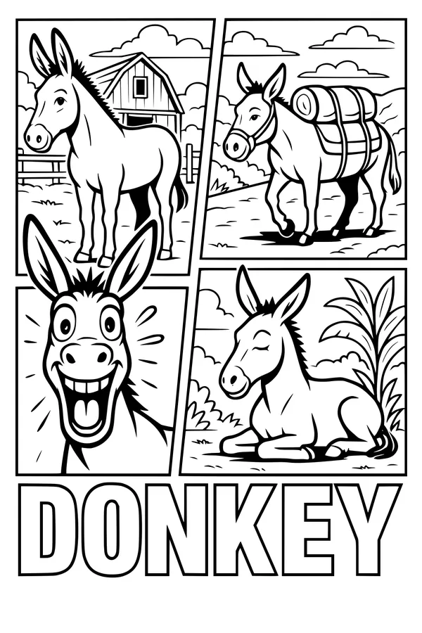 Free Donkey Coloring Page - Cute Farm Donkey Scenes (Printable PDF)