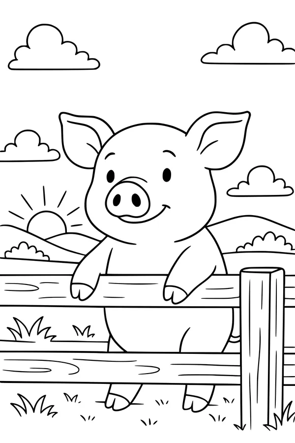 Free Pig Coloring Page - Happy Pig at Sunrise on the Farm (Printable PDF)