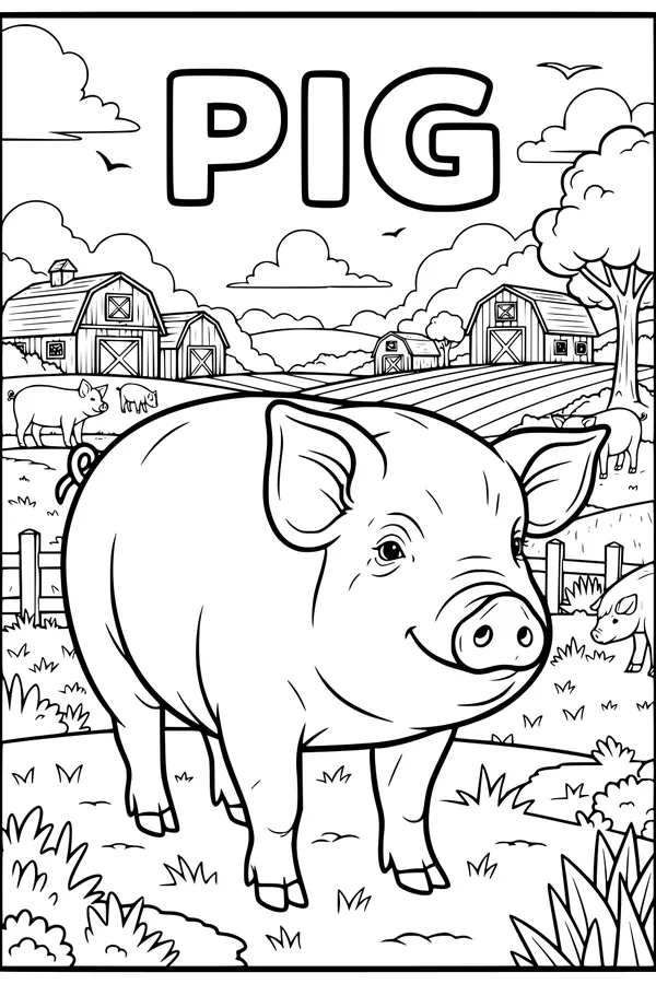 Free Pig Coloring Page - Happy Pig On Sunny Farm (Printable PDF)