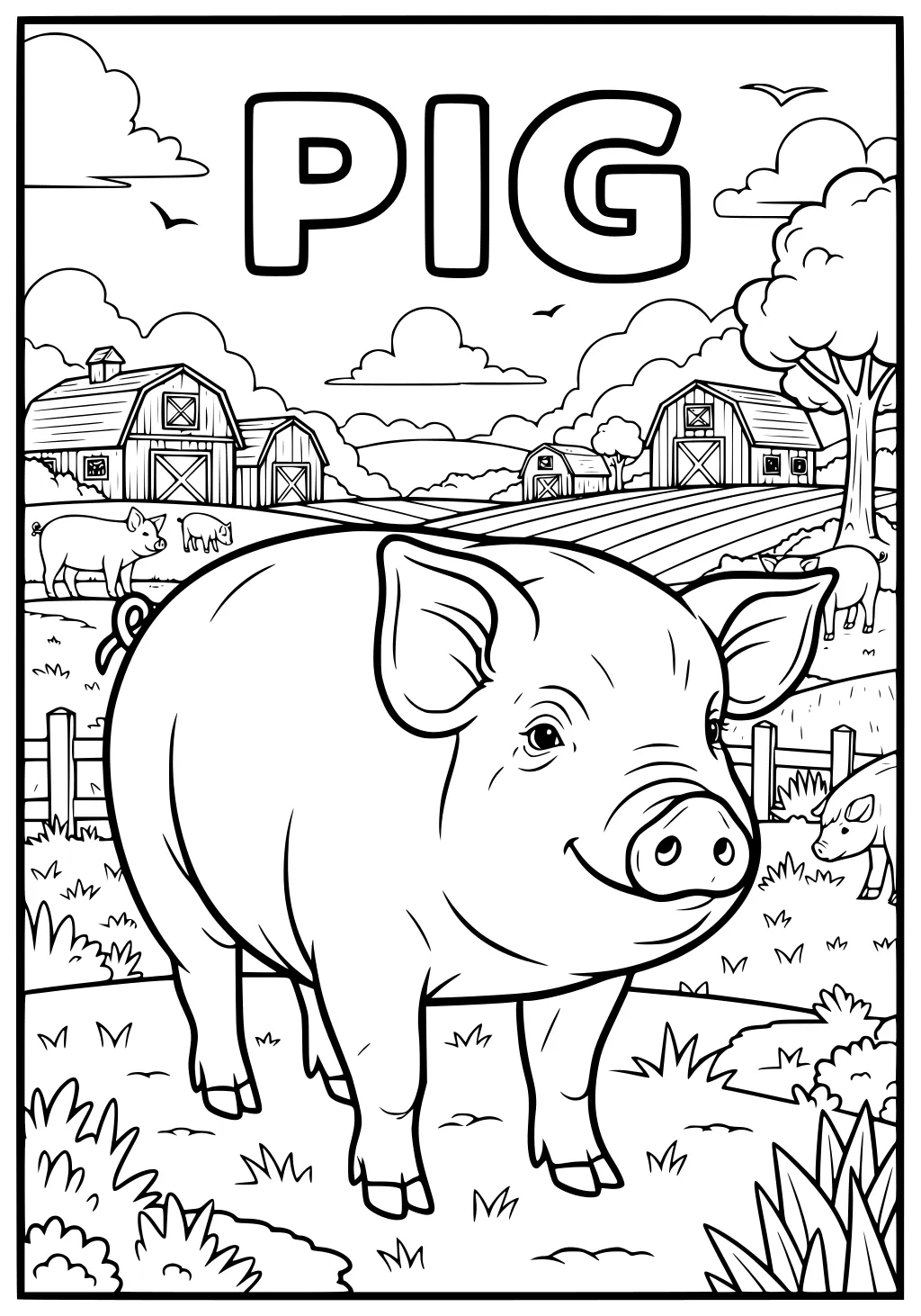 Smiling pig stands in grass with barns, trees, clouds, birds, and other pigs in a busy farm landscape.