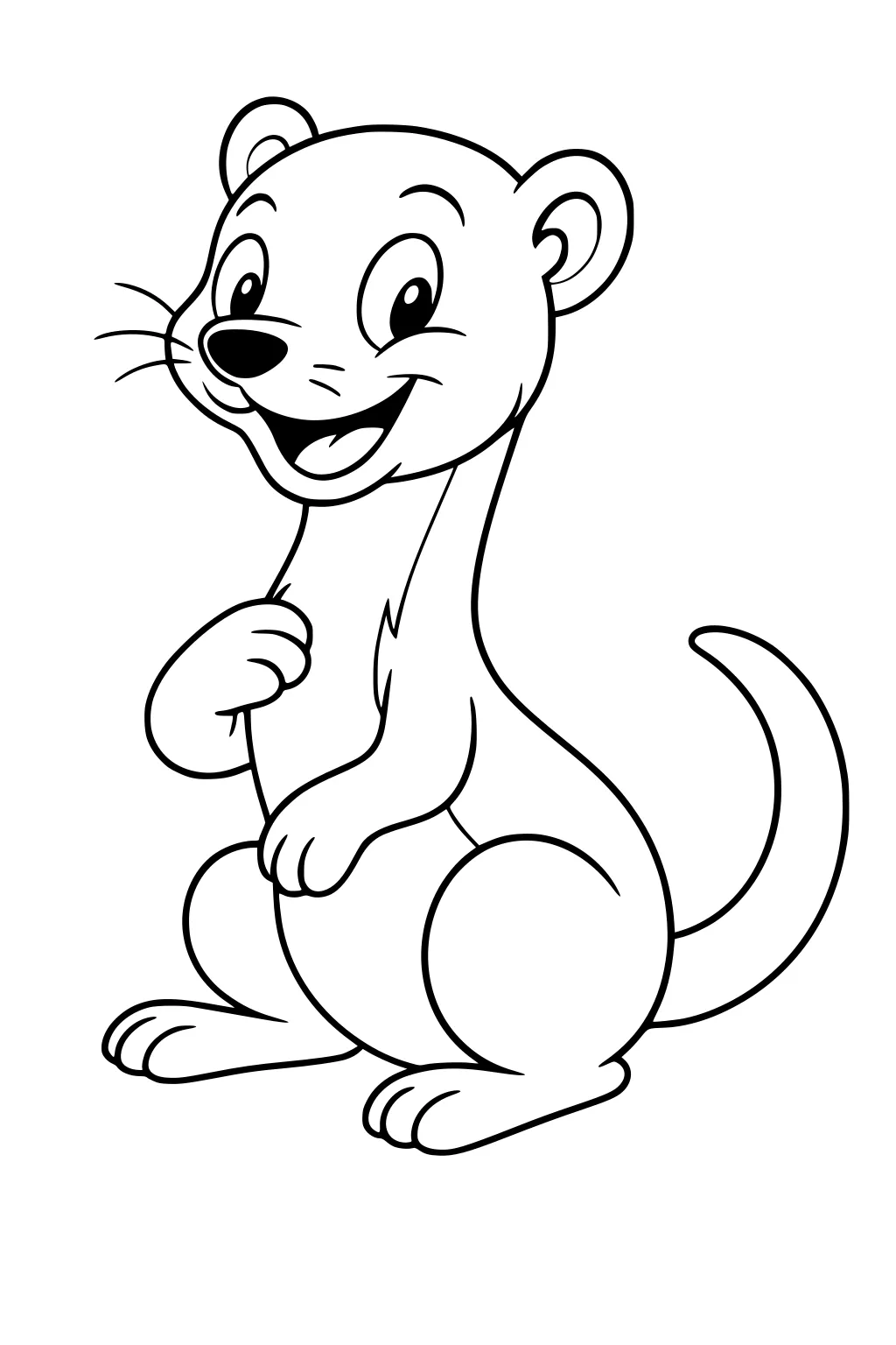 Cartoon ferret with big eyes, a wide smile, sitting upright with one paw held to its chest and a curled tail.