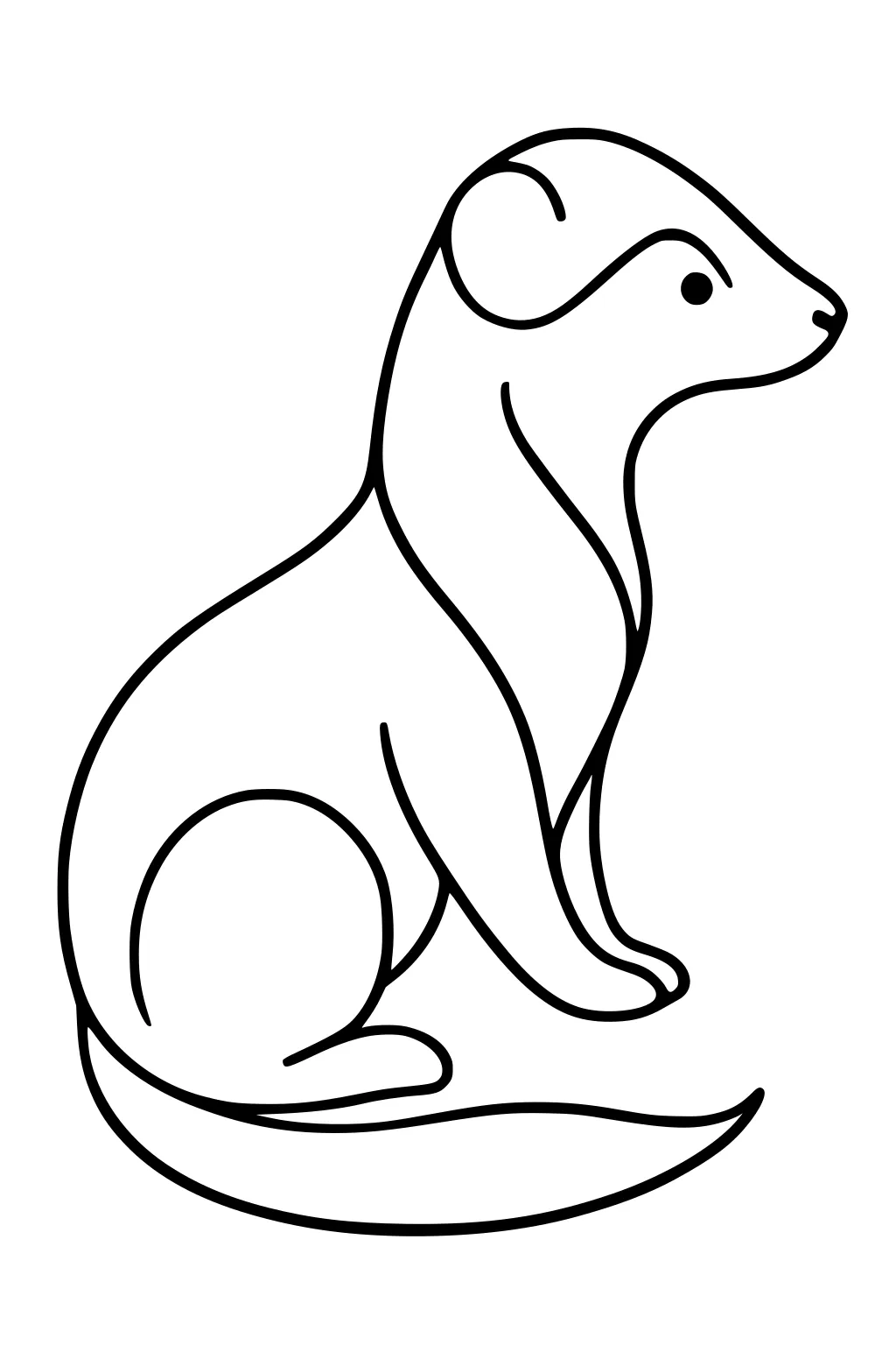 Simple outlined drawing of a seated ferret with curled tail and rounded head, facing right.