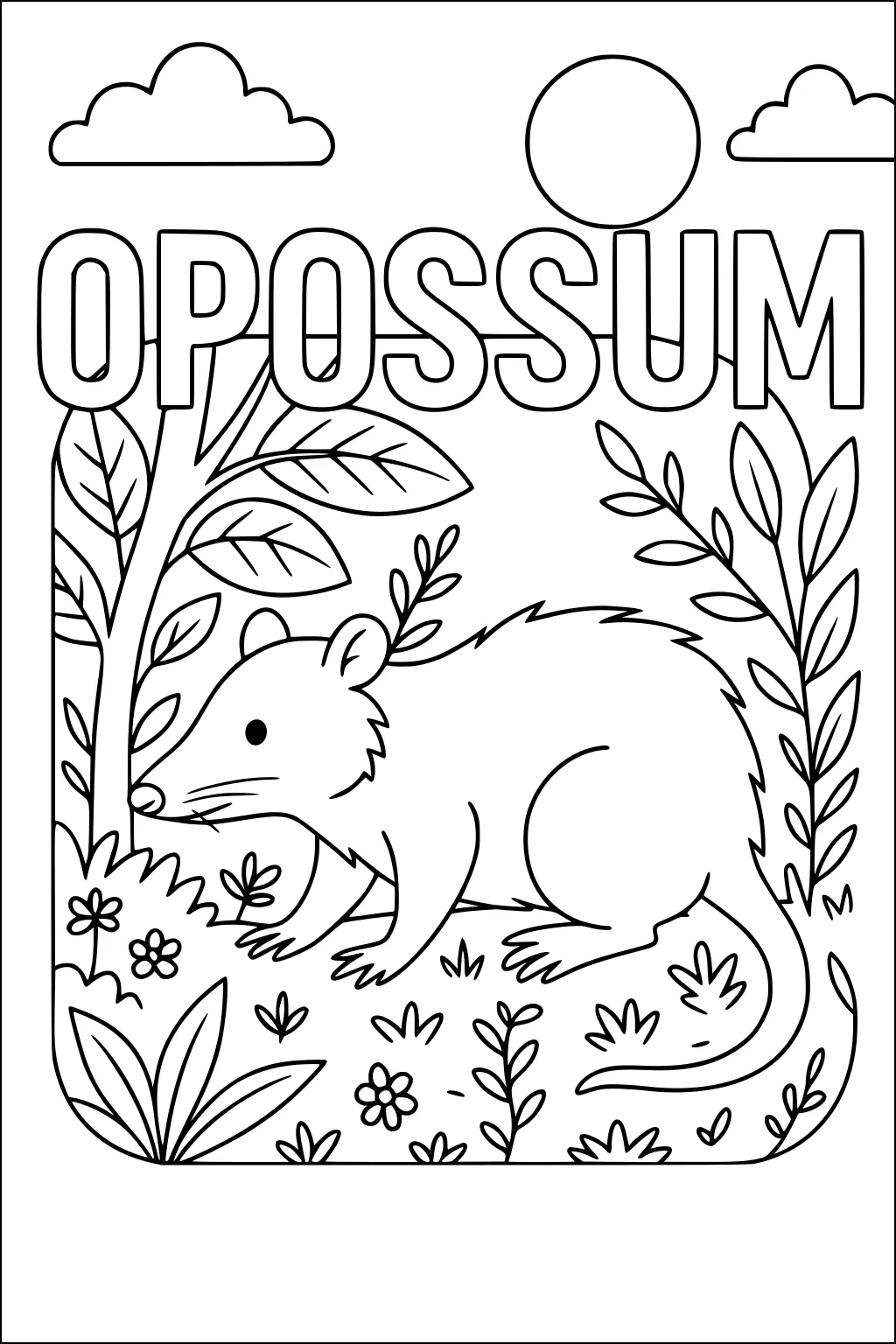 Opossum in grass with leaves and flowers, sun above, and OPOSSUM written at the top.