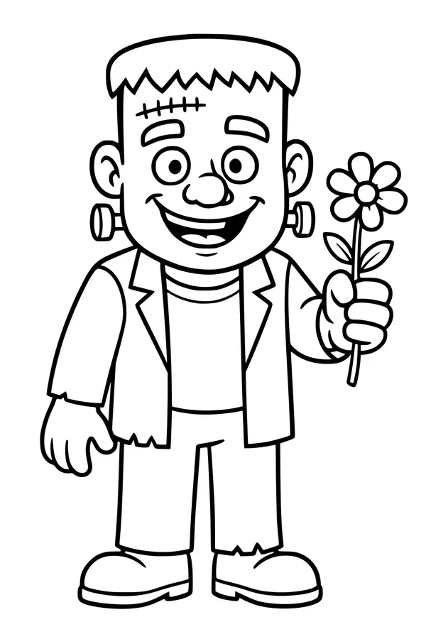 Free Frankenstein Coloring Page - Friendly Monster Boy With Daisy (Printable PDF)