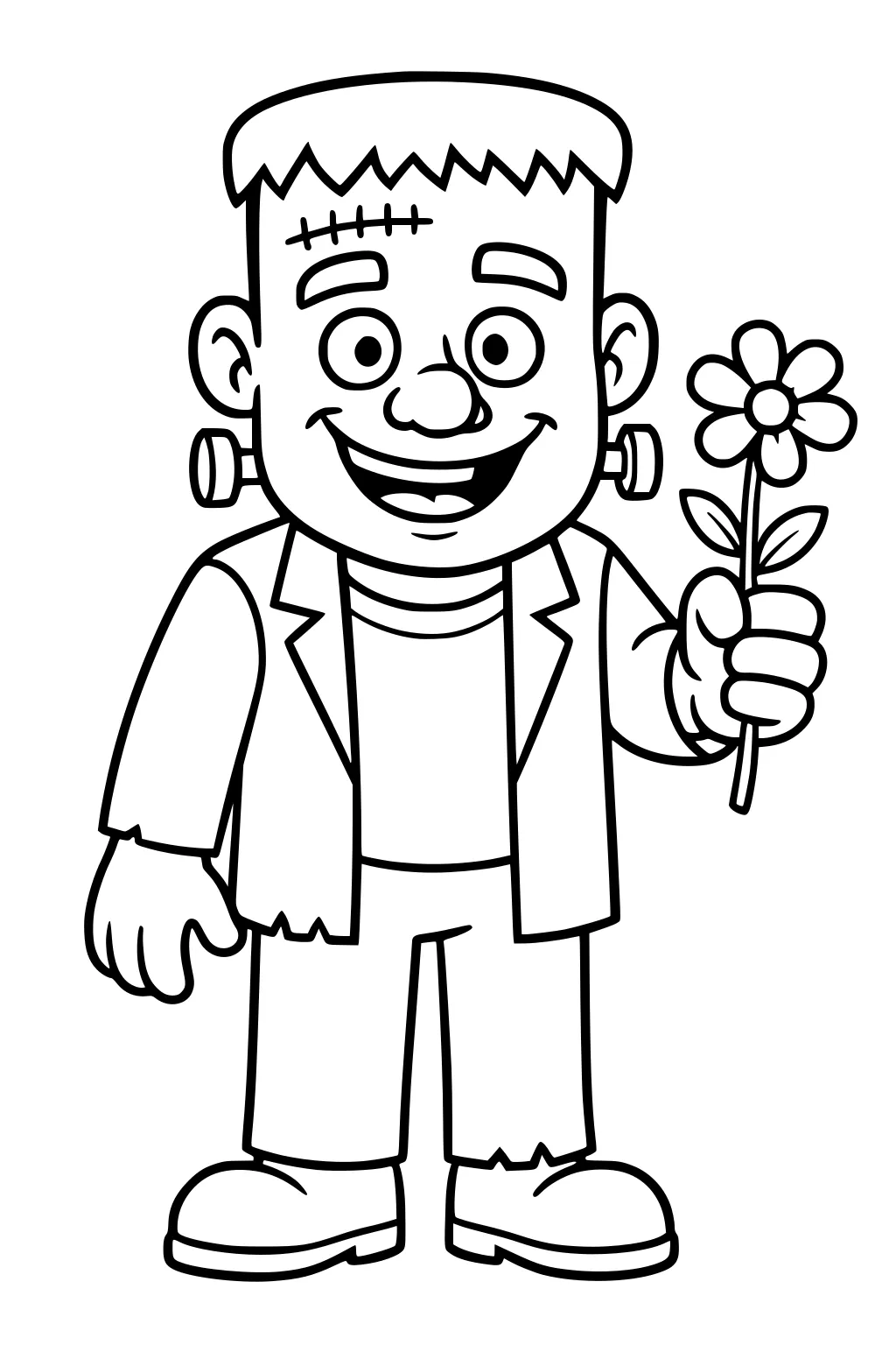 Smiling Frankenstein boy with flat hair, neck bolts, stitched forehead, ragged jacket, holding a daisy in his hand.