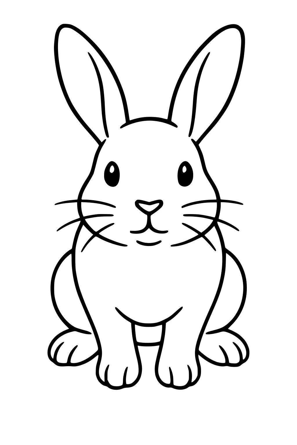 Simple black and white drawing of a rabbit sitting with upright ears and front paws showing.