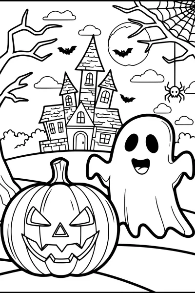 Free Ghost Coloring Page - Haunted House With Jack-O-Lantern (Printable PDF)