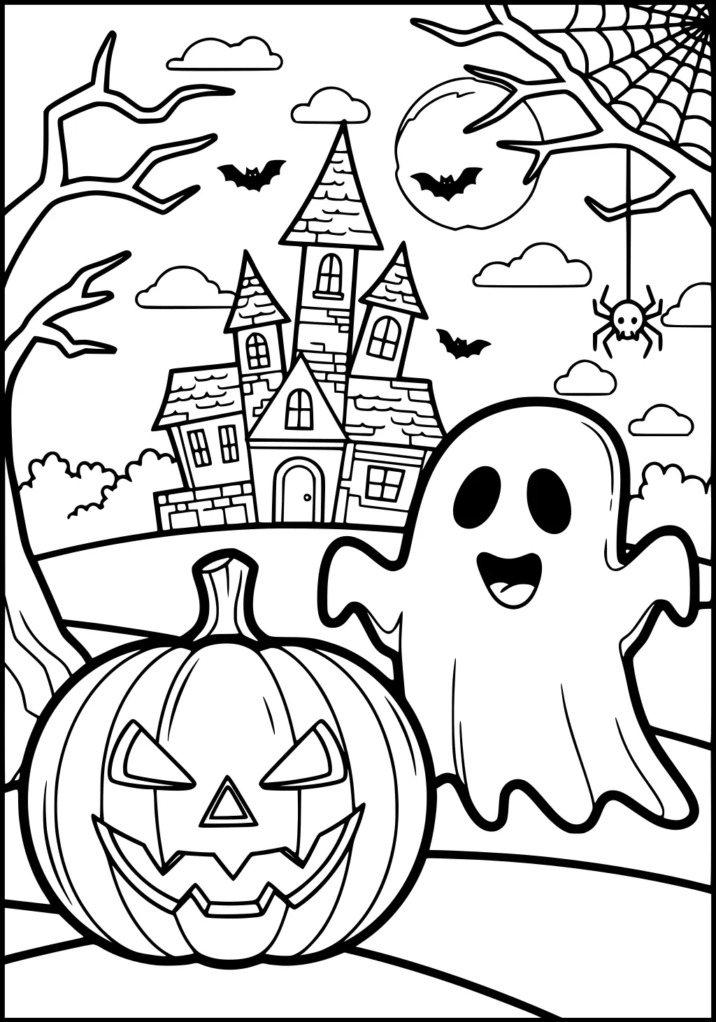 Smiling ghost and jack-o-lantern in front of a crooked haunted house with bats, full moon, bare trees, clouds, and a hanging spiderweb.