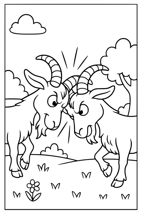 Free Goat Coloring Page - Goofy Goats Butting Heads in a Meadow (Printable PDF)