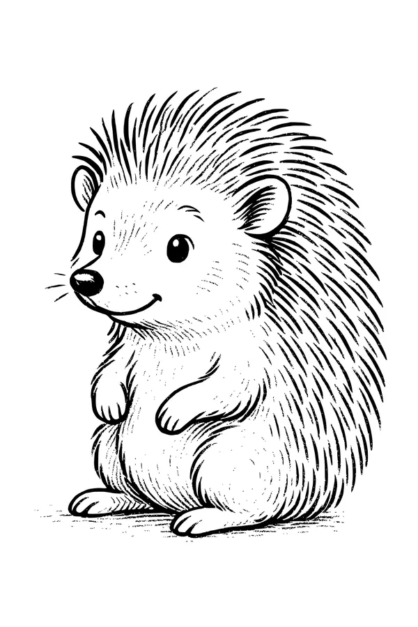 Free Hedgehog Coloring Page - Cute Smiling Hedgehog Sitting Upright (Printable PDF)