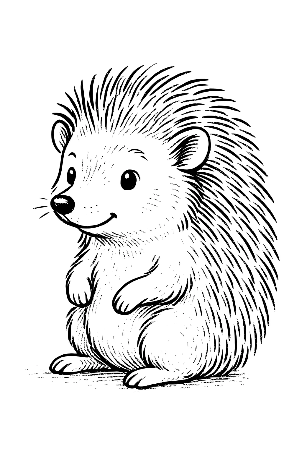 Cartoon hedgehog sitting upright with a big smile, spiky quills, round belly, tiny feet, and bright eyes.