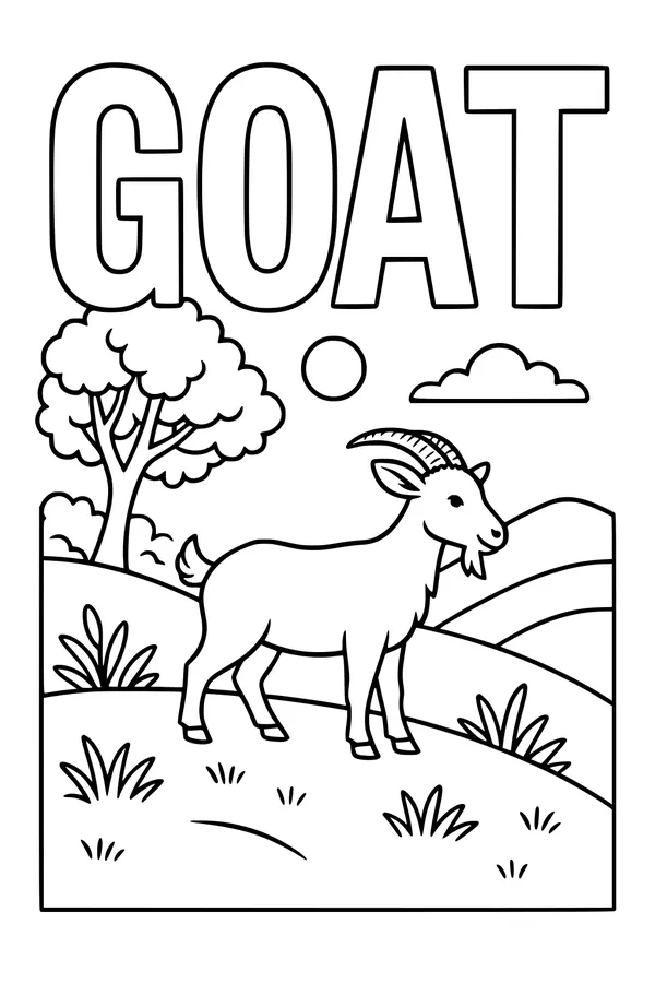 Free Goat Coloring Page - Bearded Billy on Sunny Hillside (Printable PDF)
