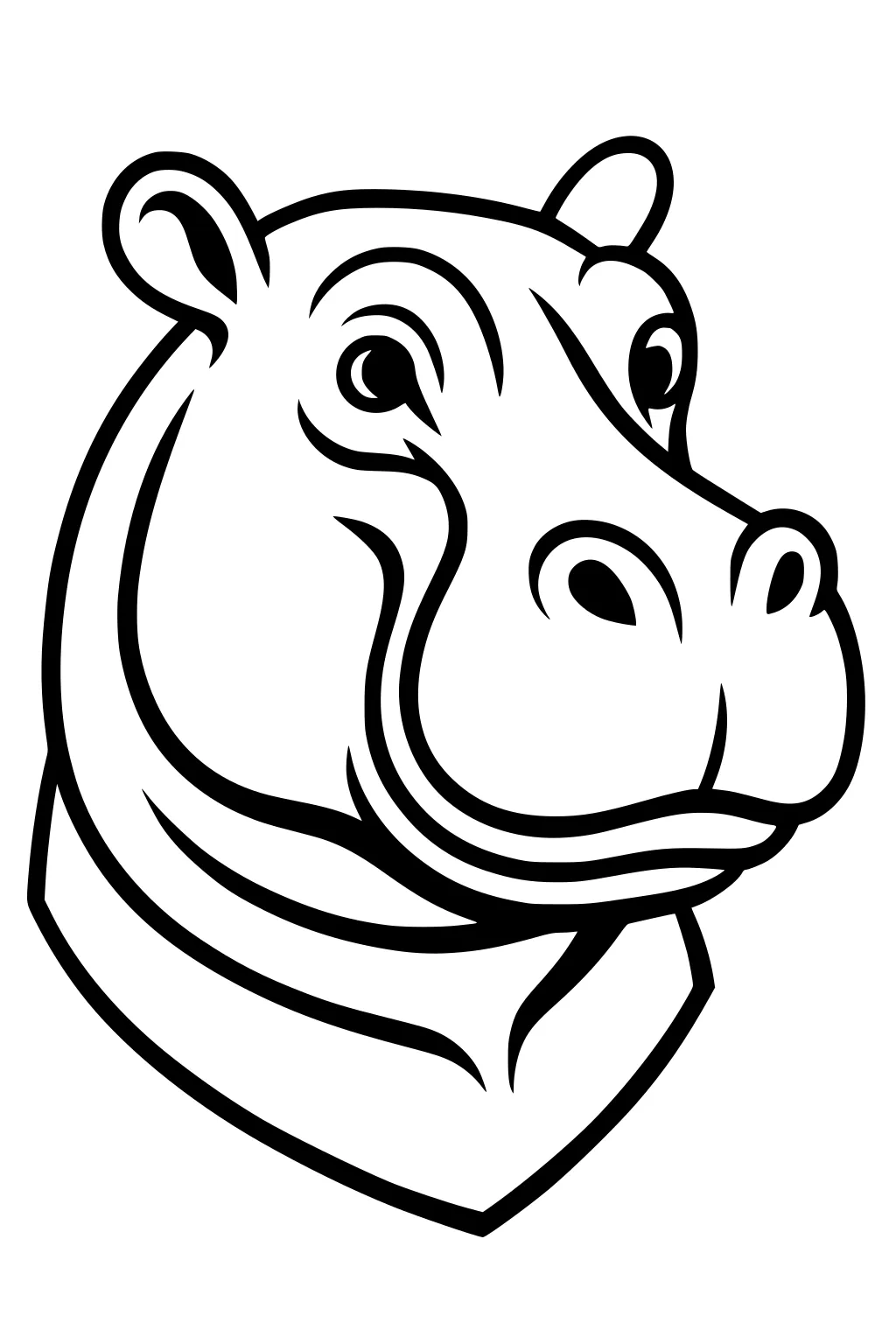 Cartoon hippopotamus head with large round cheeks, small rounded ears, big expressive eyes, and thick neck lines.