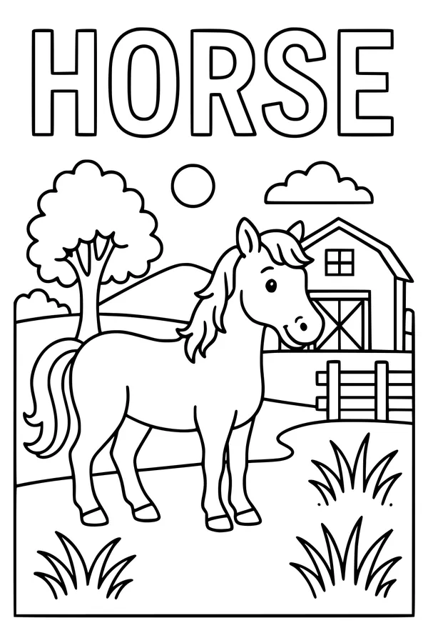 Free Horse Coloring Page - Sunny Farm Scene With Flowing Mane (Printable PDF)