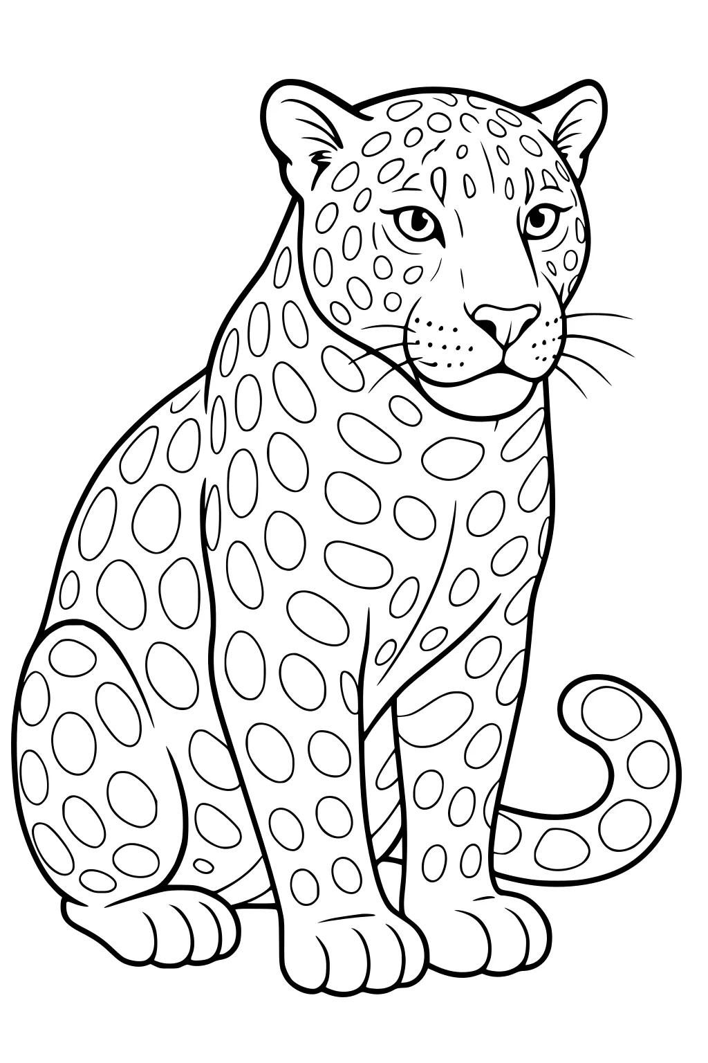 Sitting jaguar with large oval spots, curled tail, perked ears, and a calm, gentle expression.