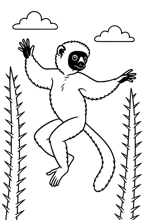 Free Lemur Coloring Page - Fluffy-Tailed Lemur Leaping (Printable PDF)