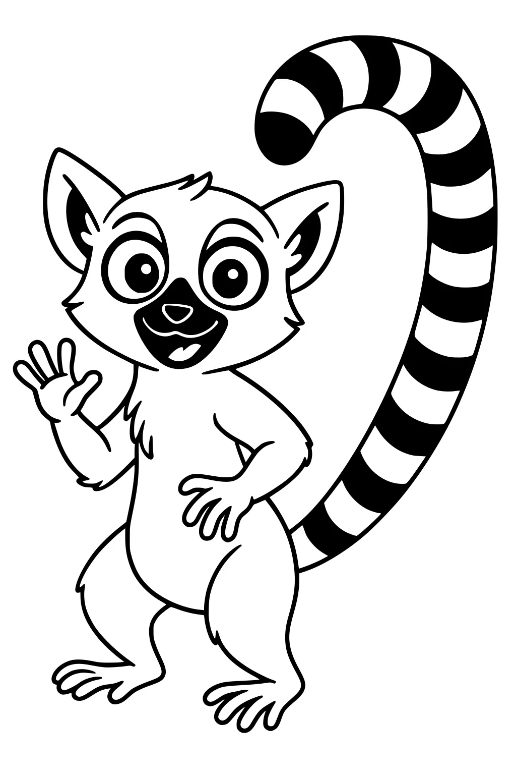 Cartoon lemur with striped tail waving and smiling, standing on two legs with wide eyes and pointed ears.