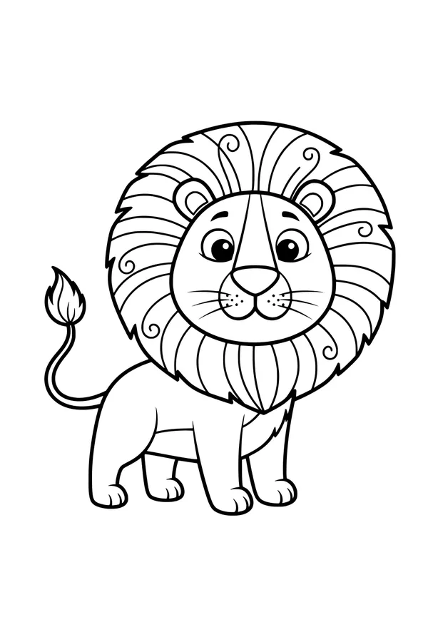 Free Lion Coloring Page - Happy Cartoon Lion With Swirly Mane (Printable PDF)