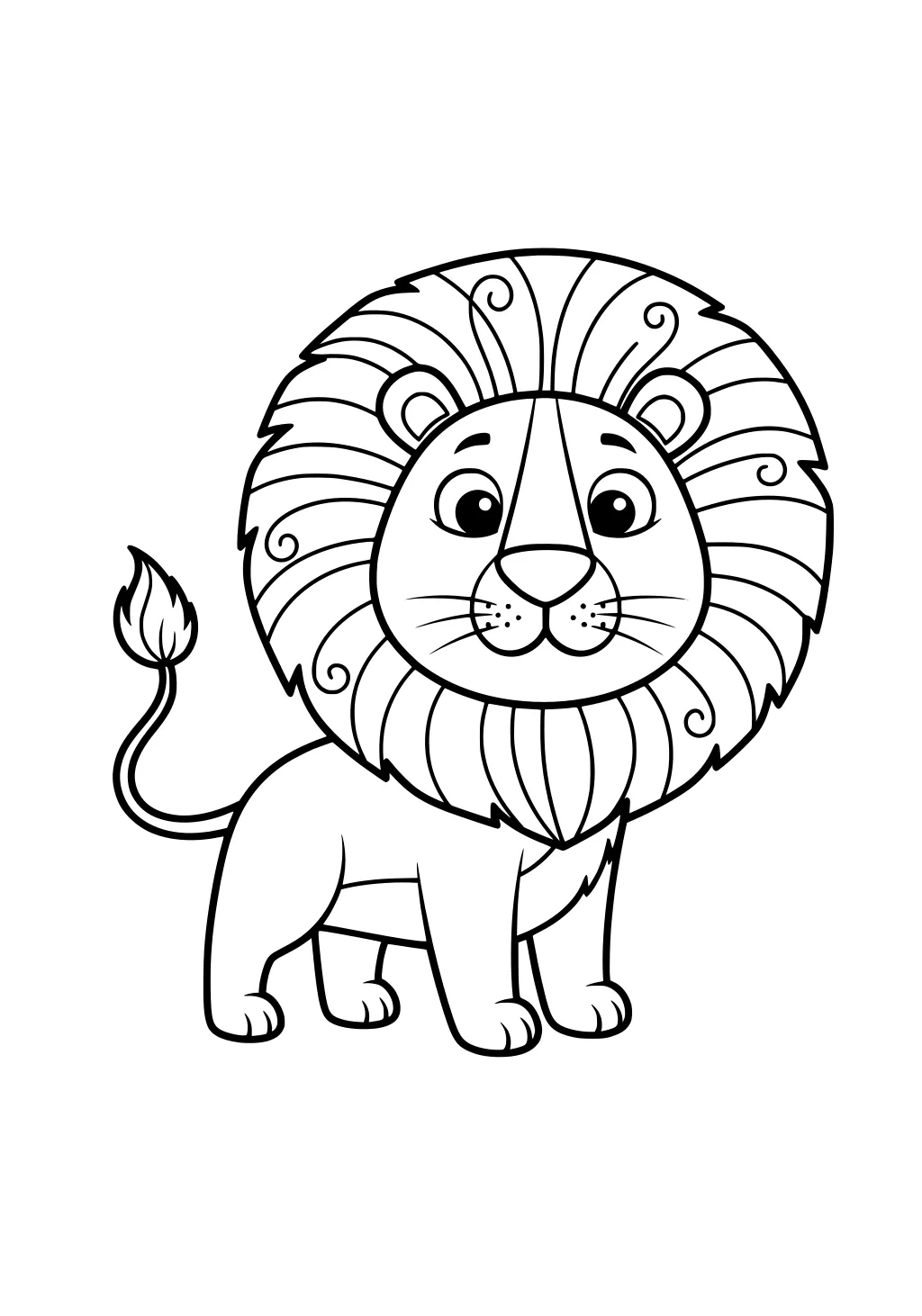 Cartoon lion with a big swirly mane, smiling face, round eyes, and a puffy tail tuft, drawn in bold black outlines.