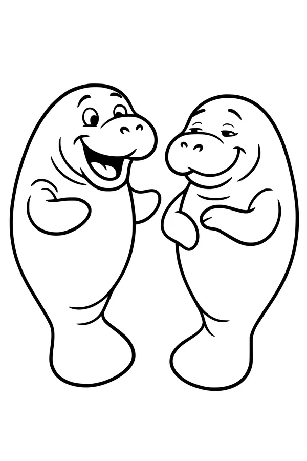 Free Manatee Coloring Page - Two Smiling Cartoon Friends (Printable PDF)