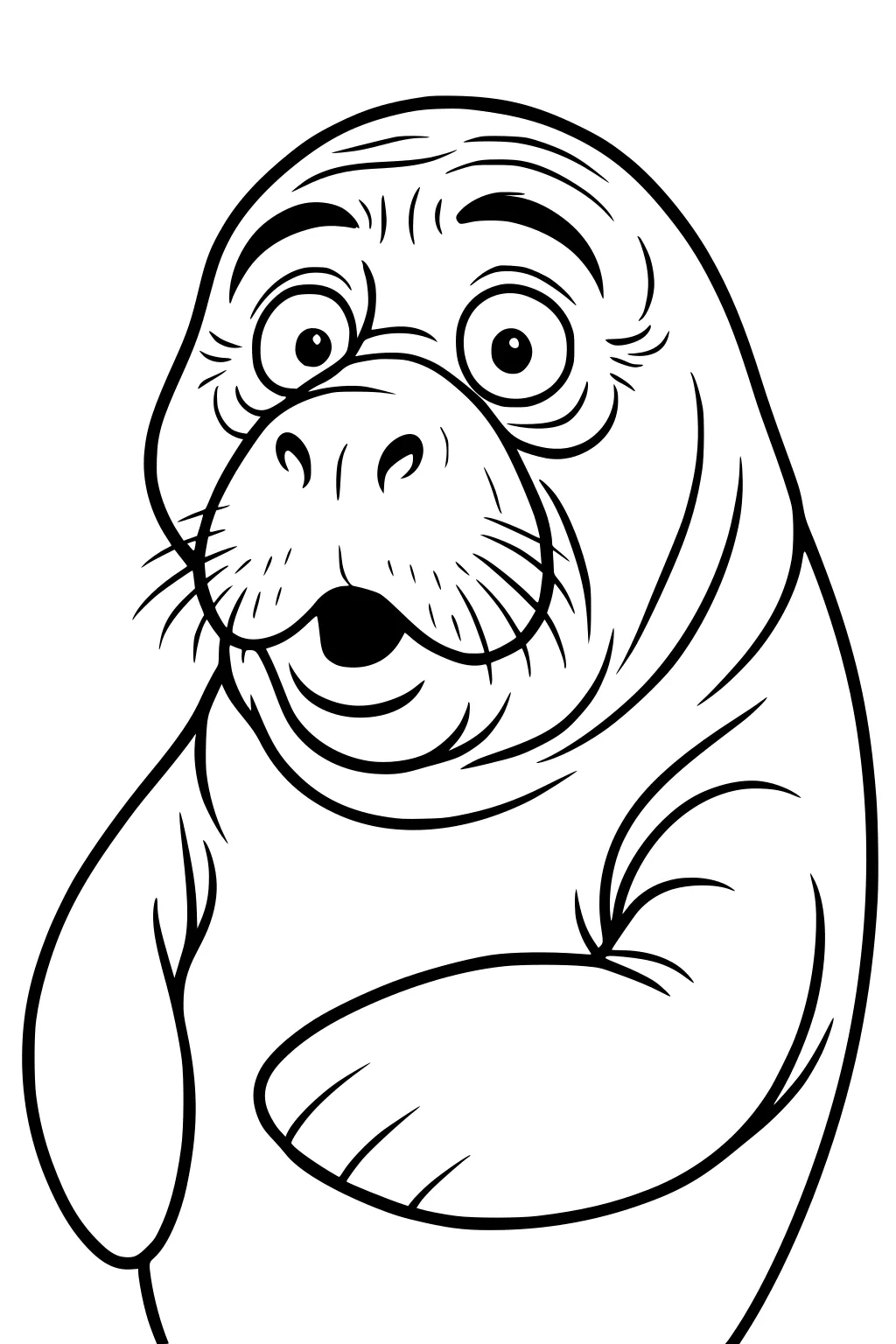 Surprised cartoon manatee with big eyes, mustache whiskers, and a flipper touching its body, outlined in black.