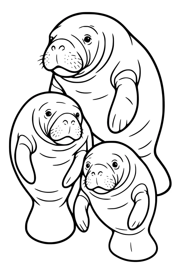 Free Manatee Coloring Page - Three Gentle Manatees in a Family Hug (Printable PDF)