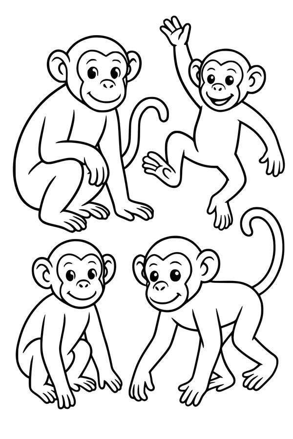 Free Monkey Coloring Page - Four Silly Friends Posing (Printable PDF)