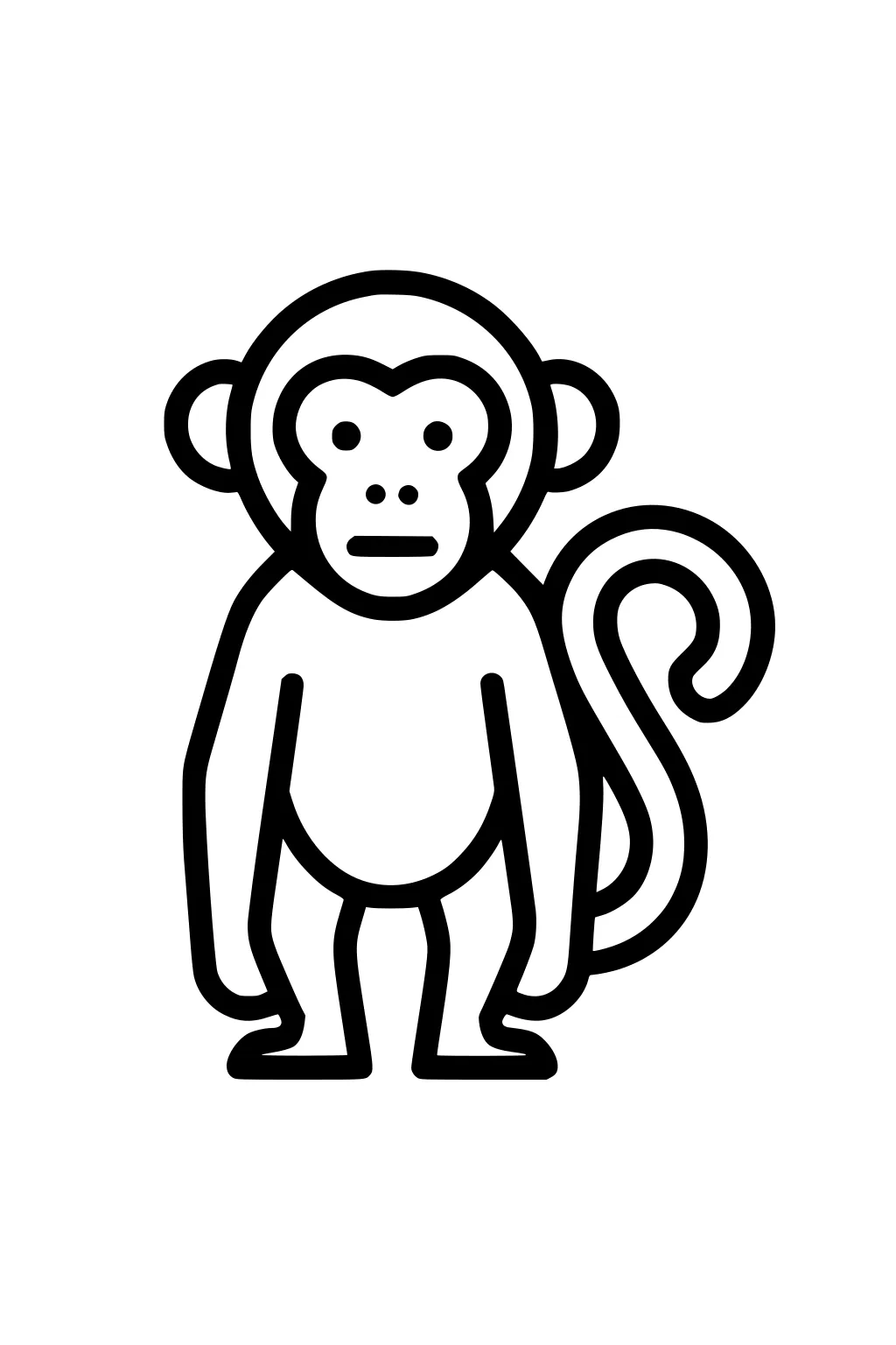 Simple cartoon monkey standing upright with a looped tail and a round face, outlined in thick black lines.