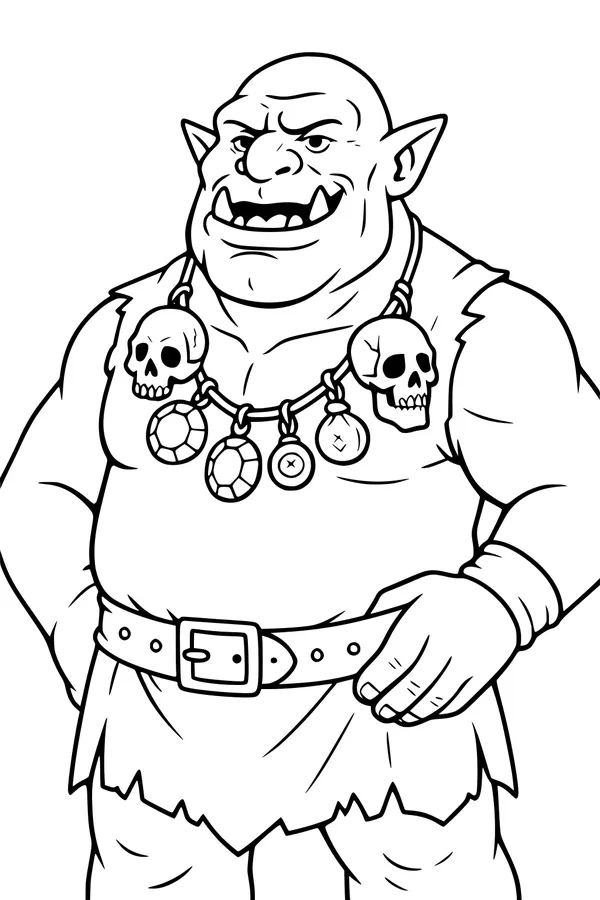 Free Ogre Coloring Page - Grinning Fantasy Monster With Skull Necklace (Printable PDF)