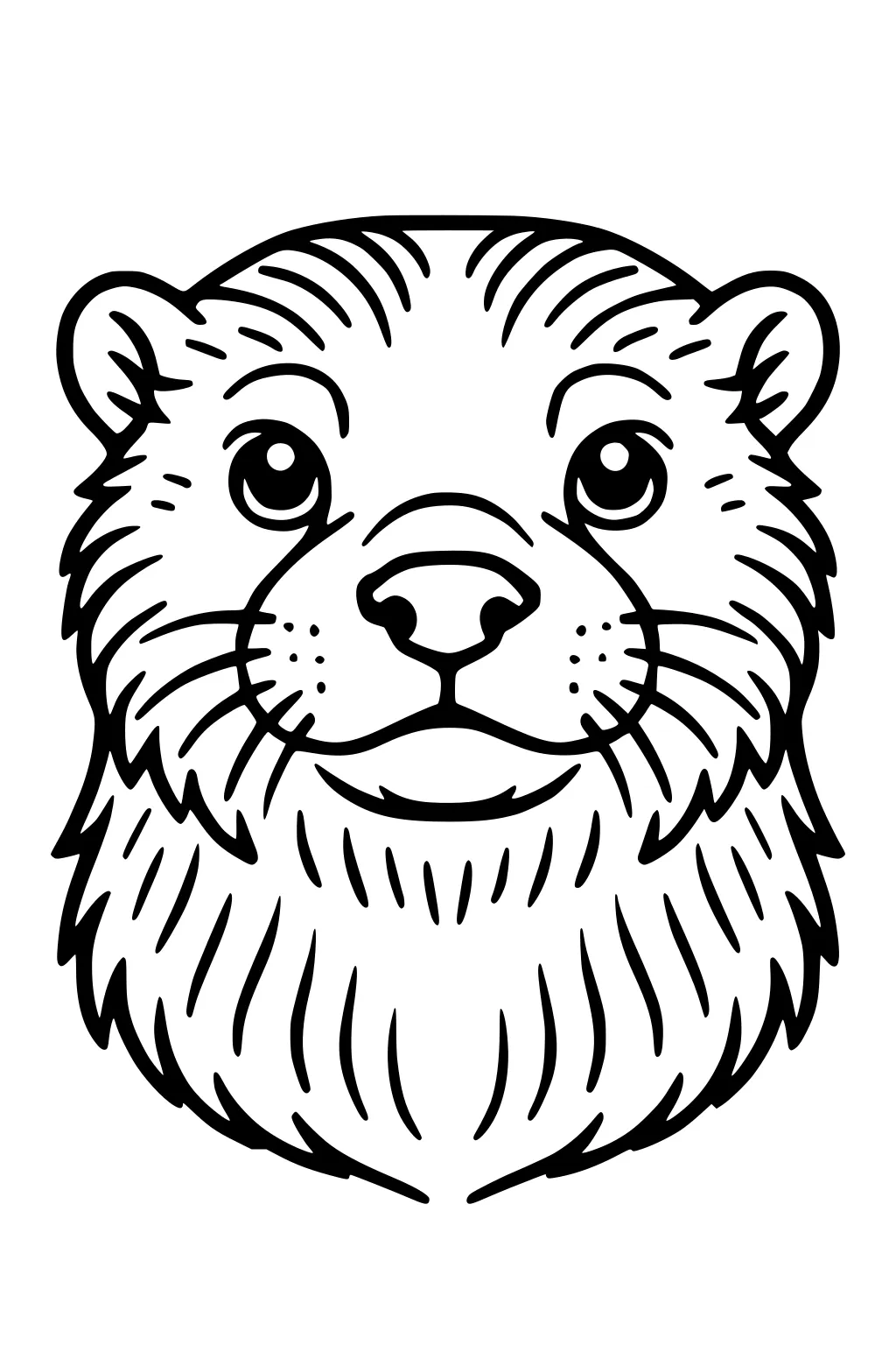 Otter face with big eyes, rounded ears, fluffy cheeks, nose, and long whiskers outlined in black.