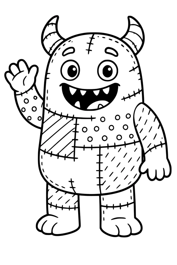 Free Monster Coloring Page - Patchwork Creature Waving Hello (Printable PDF)