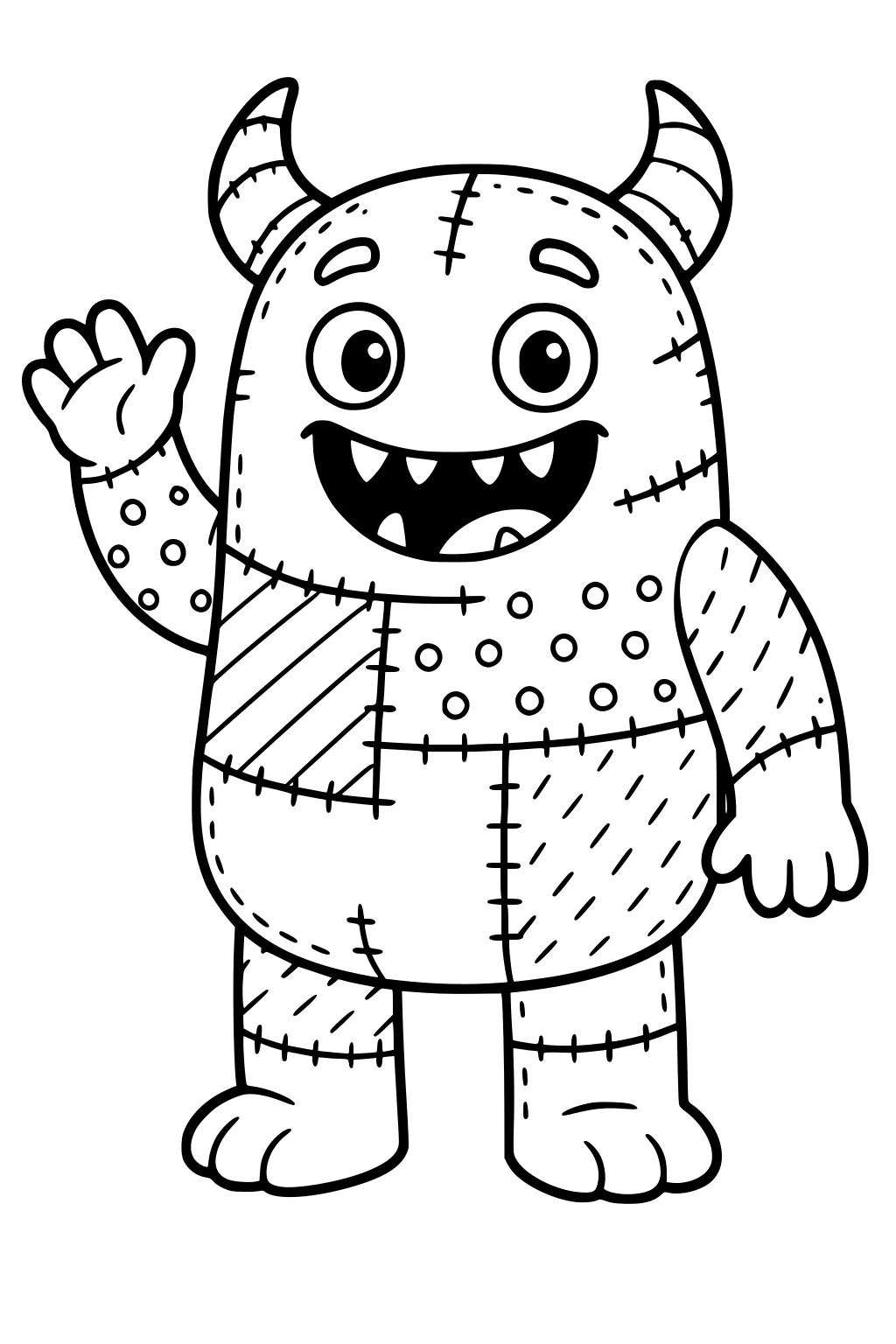 Waving patchwork monster with two striped horns, big eyes, toothy smile, and dotted, striped textures in bold outlines.