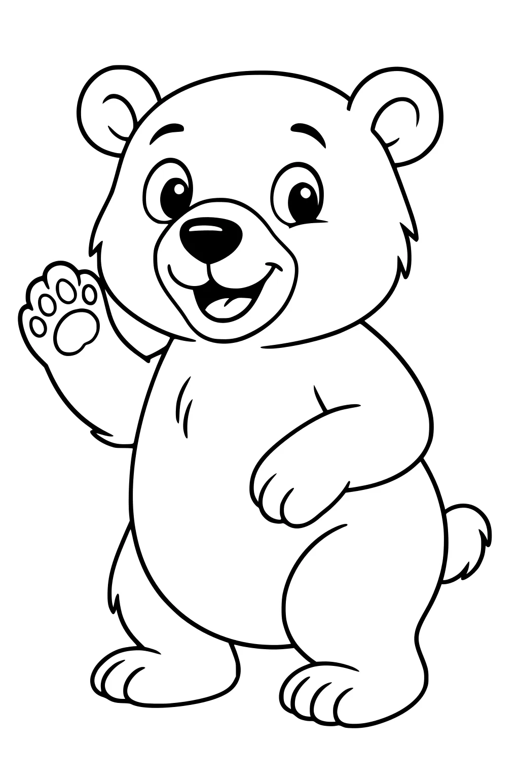 Cartoon polar bear cub standing upright, smiling, and waving one paw in a simple line drawing.