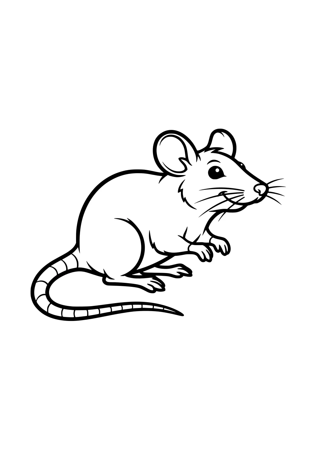 Cartoon rat with large ears, curled tail, and alert whiskers sitting on white background.