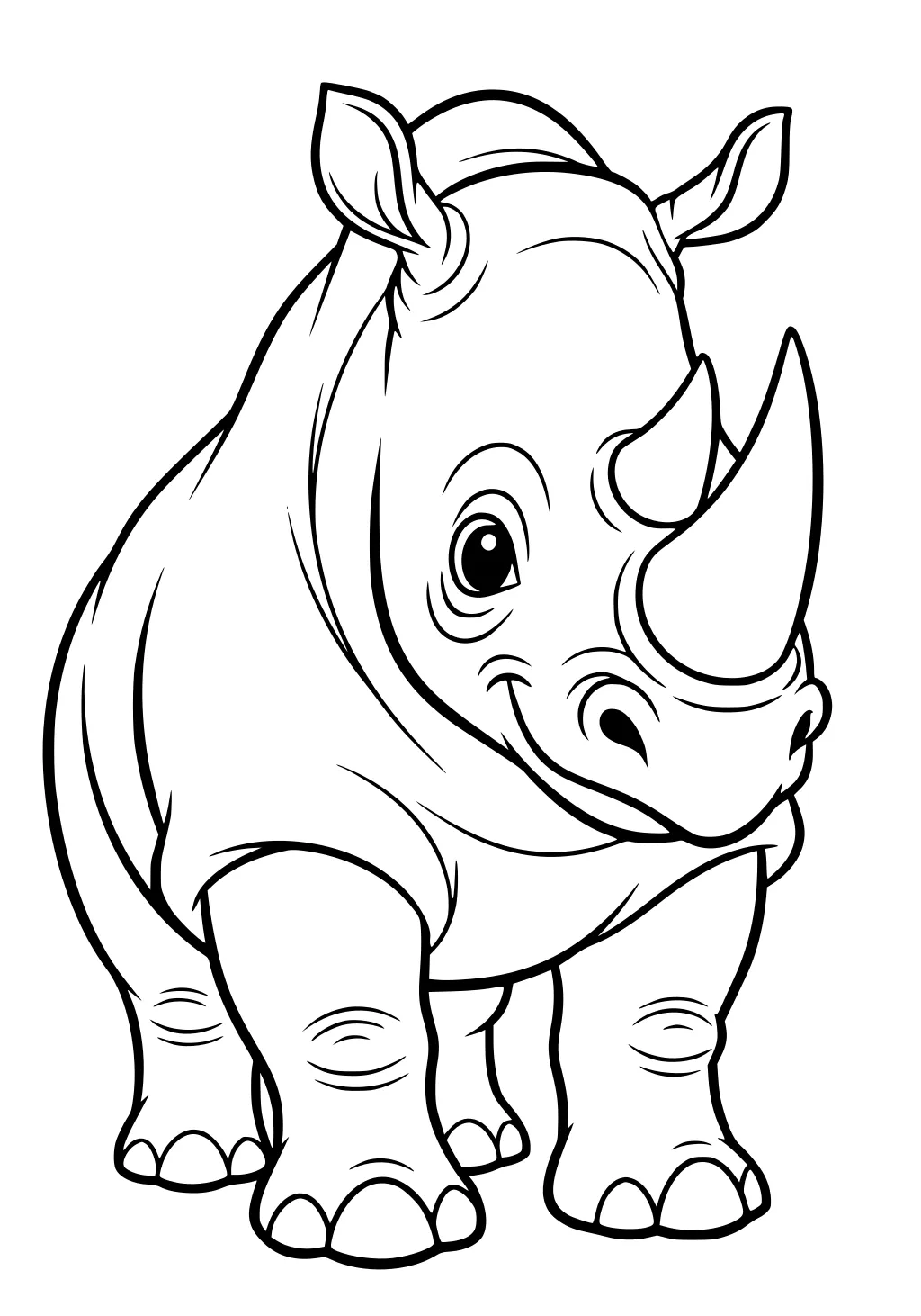 Cartoon baby rhinoceros standing, smiling with large eyes, two horns, big ears, and thick legs, on a plain background.