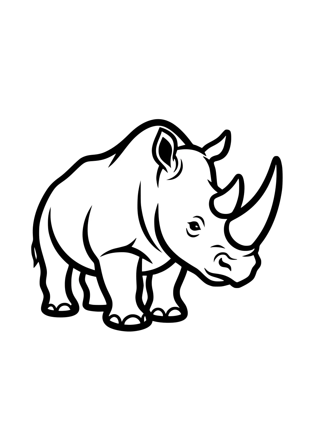 Cartoon rhinoceros with two big horns, thick legs, small ears, and round body outlined in simple black lines.