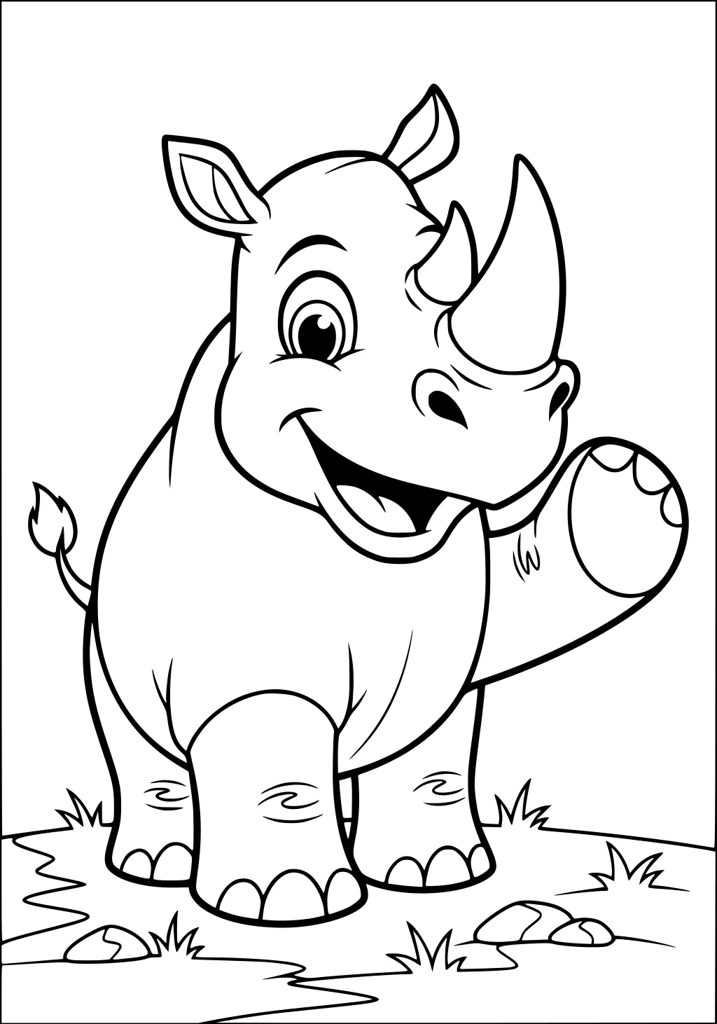 Cartoon rhino with two horns waves a foot while standing on grassy ground with rocks, smiling widely.